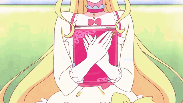 a girl with long blonde hair is holding a red book in her hands