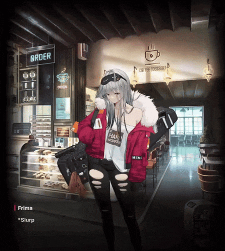 a girl in a red jacket is standing in front of an order sign