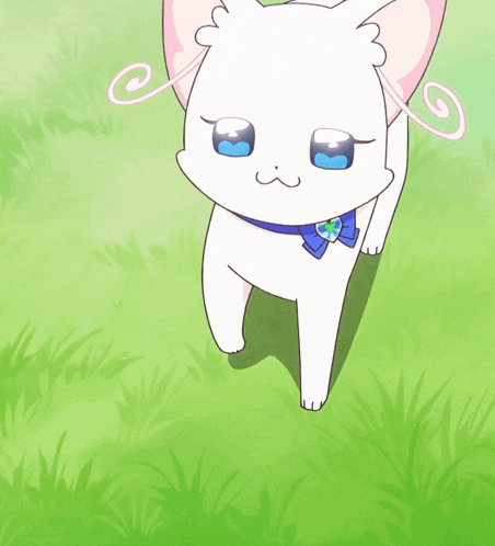 a white cat with blue eyes and a bow around its neck is walking in the grass