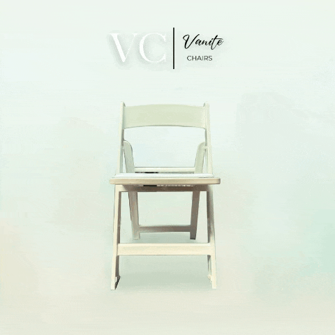 a white folding chair with the words vanite chairs written above it