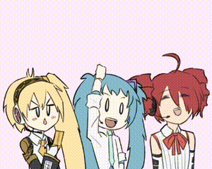 a group of three anime characters are standing next to each other .
