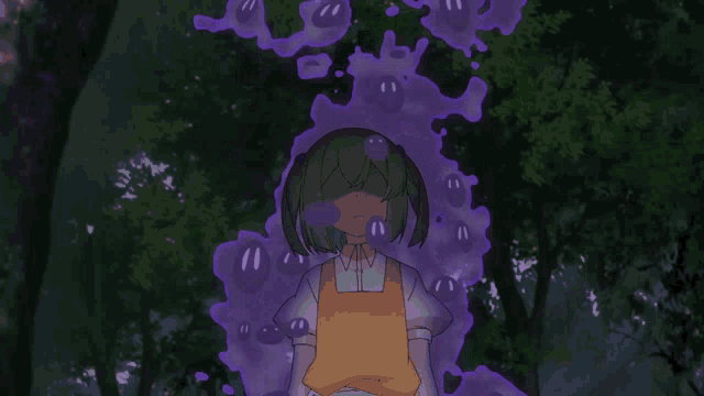 a girl in an apron is surrounded by purple bubbles with faces on them