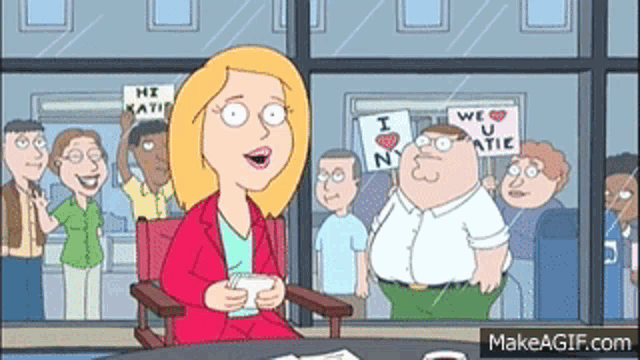 a cartoon of a woman holding a sign that says we love katie