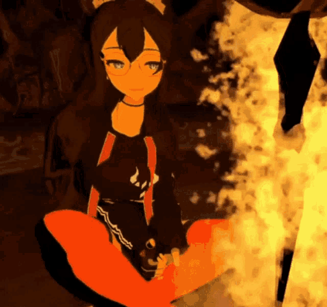 a cartoon girl is sitting in front of a flame