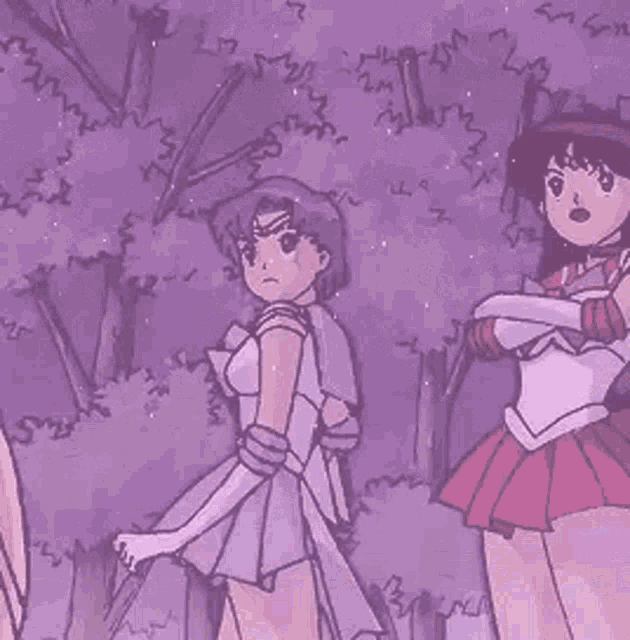 a group of girls are standing next to each other in a park in a cartoon .