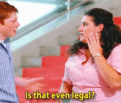 a man and a woman are standing next to each other and the woman is asking the man if it is even legal