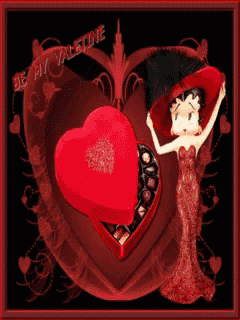 a picture of betty boop holding a heart in front of a heart with the words be my valentine written on it