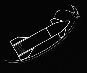 a black and white drawing of a rocket on a black background .