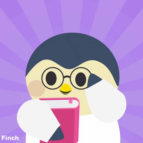 a penguin wearing glasses is holding a pink book with finch written on the bottom