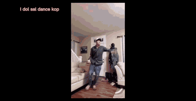 a man in a cowboy hat is dancing in a living room with a dog .