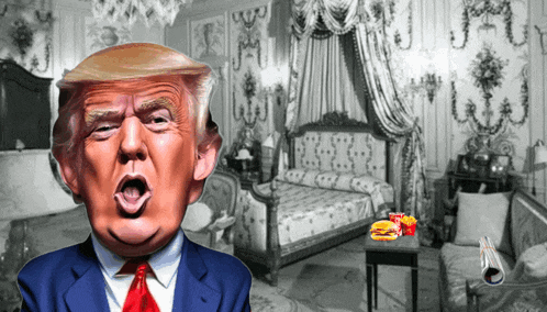a cartoon of donald trump with a hamburger on a table in front of him