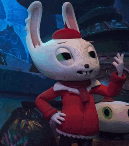 a cartoon bunny wearing a red jacket and beret