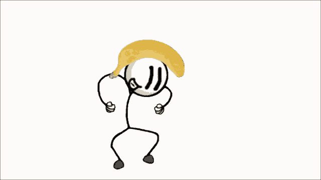 a stick figure holding a banana on top of his head