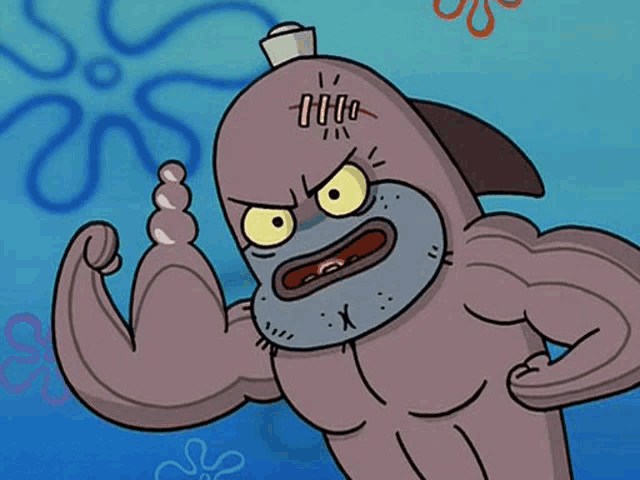 a cartoon character from spongebob squarepants is flexing his muscles in the ocean .