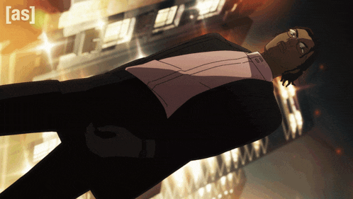 a man in a tuxedo is laying down with the words [ as ] on the bottom right