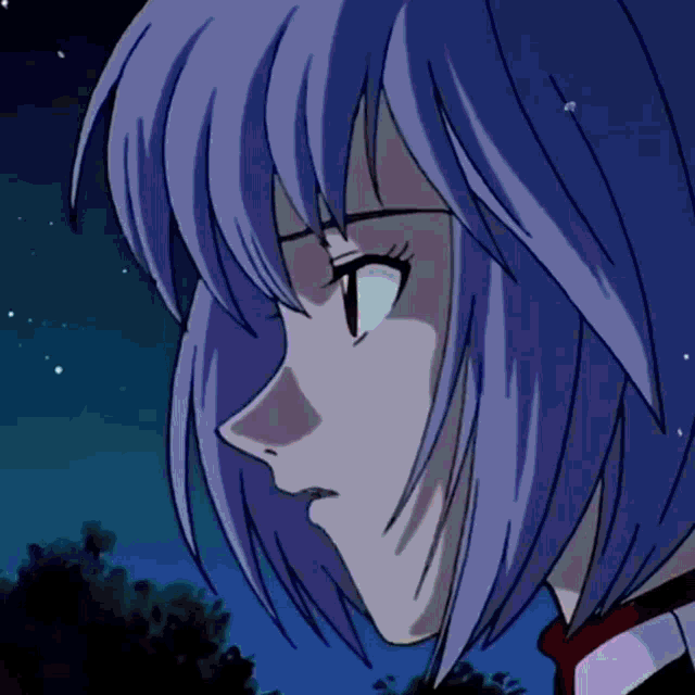 a close up of a person 's face with a blue haired anime character .