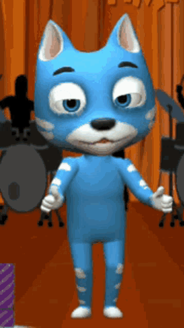 a blue cartoon cat is giving a thumbs up in front of a drum set