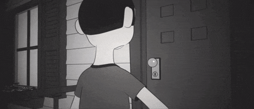a black and white cartoon of a boy entering a doorway .