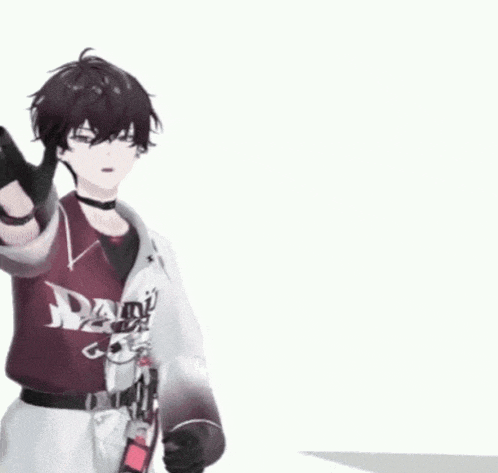 a 3d anime character is pointing at the camera while standing in front of a white wall .
