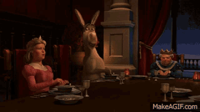 a donkey is standing next to a princess and a king at a table with makeagif.com written on the bottom