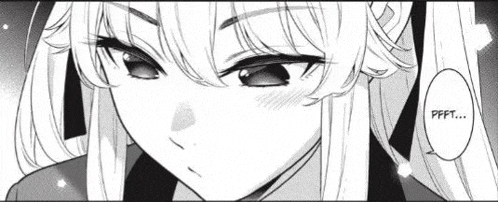 a black and white drawing of a girl with long hair and a speech bubble on her face .