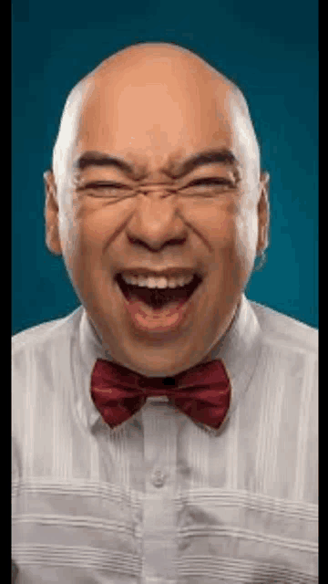 a bald man wearing a bow tie and a white shirt is laughing .