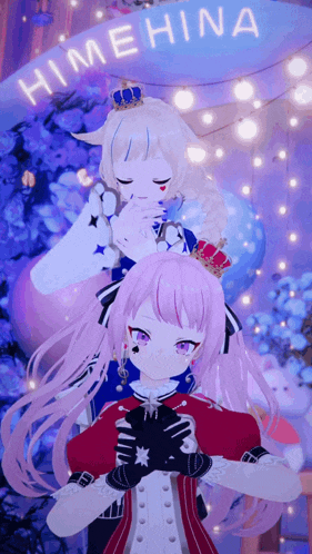 two anime girls are standing next to each other with a banner that says himehina on it