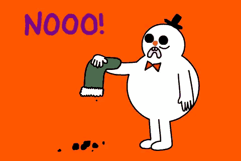 a cartoon of a snowman holding a green socks with the word nooo written above him