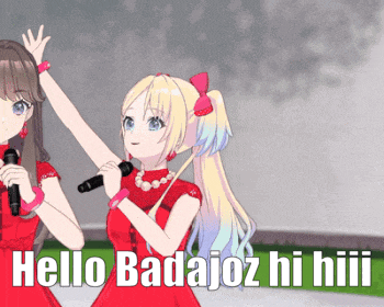two anime girls singing with the words hello badajoz hi hiii