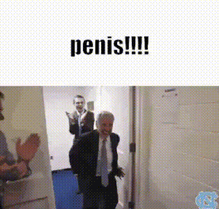 a man in a suit and tie is standing in a doorway with the words penis !!! above him .