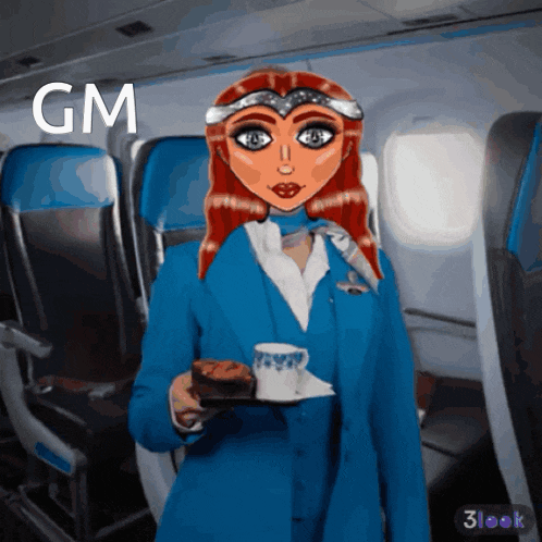 a cartoon of a flight attendant holding a cup of coffee and a piece of cake with the words gm above her
