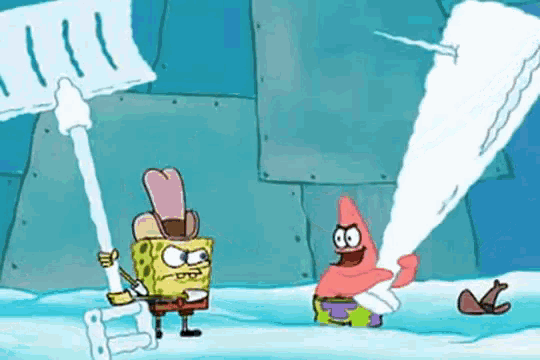a cartoon of spongebob and patrick standing in the snow .