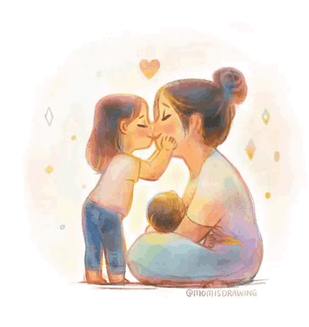a little girl is kissing her mother on the cheek while holding her baby .