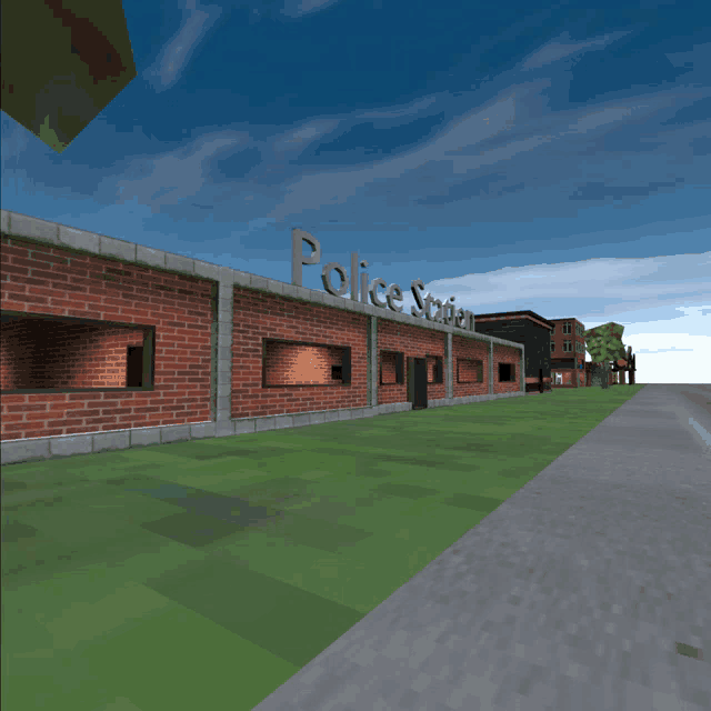 a 3d rendering of a police station with a blue sky in the background
