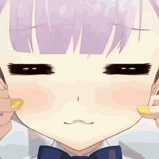 a close up of a girl 's face with purple hair and a bow tie .