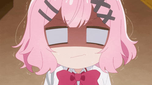 a girl with pink hair and a bow tie is making a sad face