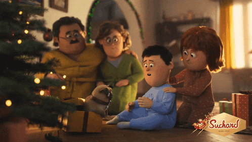 a cartoon family sits in front of a christmas tree with suchard written on the bottom
