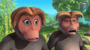 two cartoon monkeys are standing next to each other and one has a ponytail on