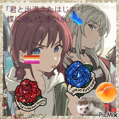 a picture of a girl with a hedgehog and roses that says love at first sight