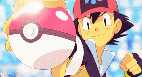 a cartoon of a boy holding a pokeball with the word phione on the bottom right