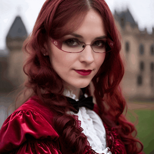 a woman with red hair and glasses is wearing a red dress