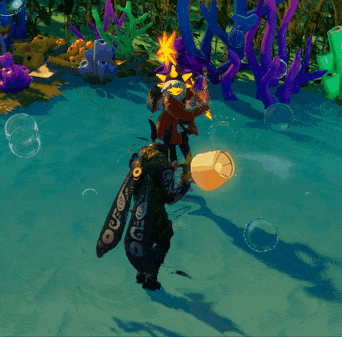 a cartoon character holding a star and a sword in a pool of water
