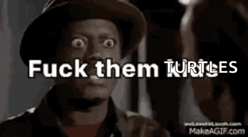 a man in a hat says fuck them turtles in front of a woman