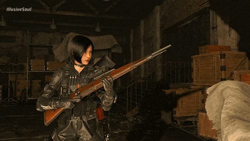 a woman is holding a rifle in a dark room with illusive soul written on the bottom