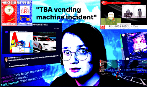 a collage of images with the words " tba vending machine incident " in the middle