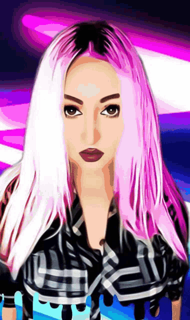 a cartoon drawing of a woman with pink hair and a plaid shirt