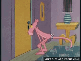 a cartoon of a pink panther standing in a room