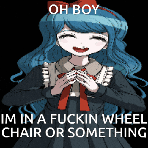 a pixel art of a girl with blue hair says oh boy i 'm in a wheel chair or something