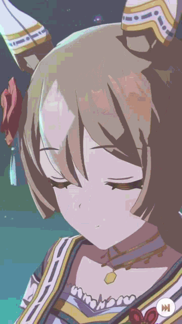 a close up of a girl 's face in a video game with a play button