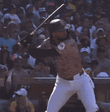 a man wearing a padres jersey stands in a crowd